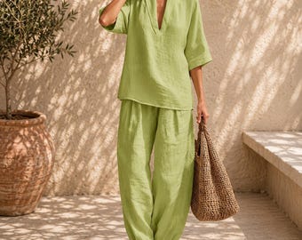 Dambomulls-linne-loungeset med v-ringning, tvådelat set, casual sommarmatchset