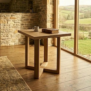 May include: A square, light-colored wooden side table with a book and a mug on top. The table has a unique leg design. The room features stone walls, wooden beams, and a large window overlooking a green landscape.