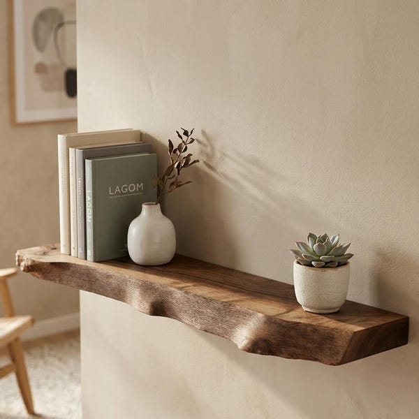 Live Edge Walnut Floating Shelves, Custom Size Available, Natural Wood