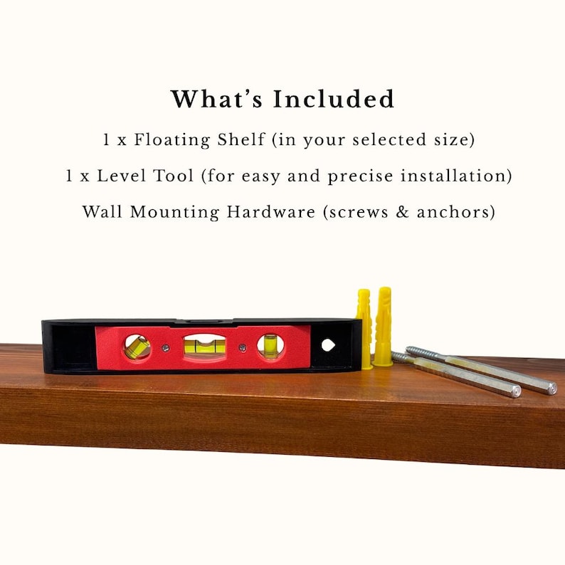 May include: A wooden floating shelf with a black and red level tool, yellow wall anchors, and silver screws. The text "What's Included" and product details are displayed above the shelf.