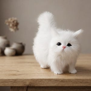 Könnte beinhalten: Eine kleine, flauschige weiße Katzenfigur mit langem, weichem Fell, spitzen Ohren und einer rosa Nase. Das Kätzchen hat große, dunkle, ausdrucksstarke Augen und einen aufrecht stehenden Schwanz. Es steht auf einer hellen, glatten Holzoberfläche.