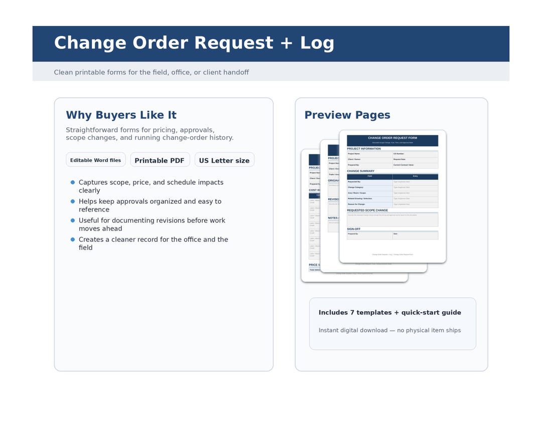 Change Order Request Form PDF + Log for Contractors - Etsy