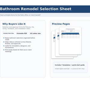 K&ouml;nnte beinhalten: Ein digitales Dokument mit dem Titel "Bathroom Remodel Selection Sheet" mit einem dunkelblauen Header. Das Dokument enth&auml;lt Abschnitte dar&uuml;ber, warum K&auml;ufer es m&ouml;gen, mit Aufz&auml;hlungszeichen, und Vorschauseiten von Vorlagen.