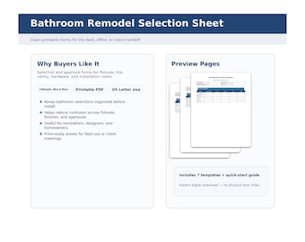 Hoja de selección para la remodelación del baño - Formato PDF y Canva