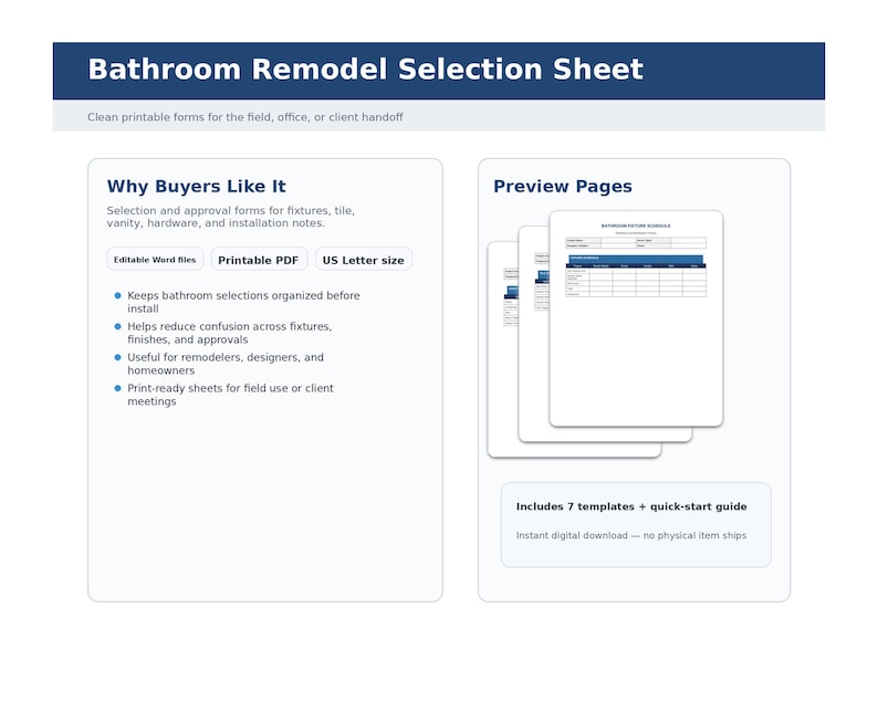 K&ouml;nnte beinhalten: Ein digitales Dokument mit dem Titel "Bathroom Remodel Selection Sheet" mit einem dunkelblauen Header. Das Dokument enth&auml;lt Abschnitte dar&uuml;ber, warum K&auml;ufer es m&ouml;gen, mit Aufz&auml;hlungszeichen, und Vorschauseiten von Vorlagen.