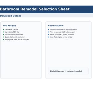 K&ouml;nnte beinhalten: Ein digitales Dokument mit dem Titel "Bathroom Remodel Selection Sheet" mit Details zu den Inhalten, einschlie&szlig;lich einer ZIP-Datei, PDF und einer Schnellstartanleitung. Das Dokument weist auch darauf hin, dass kein physischer Artikel versendet wird. Es enth&auml;lt auch "Good to Know"-Informationen.