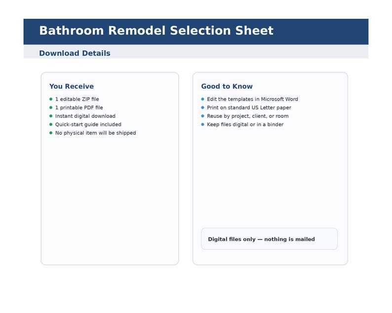 K&ouml;nnte beinhalten: Ein digitales Dokument mit dem Titel "Bathroom Remodel Selection Sheet" mit Details zu den Inhalten, einschlie&szlig;lich einer ZIP-Datei, PDF und einer Schnellstartanleitung. Das Dokument weist auch darauf hin, dass kein physischer Artikel versendet wird. Es enth&auml;lt auch "Good to Know"-Informationen.