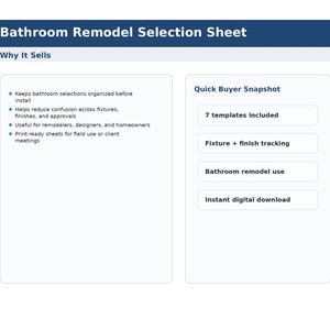 K&ouml;nnte beinhalten: Ein wei&szlig;es Dokument mit dem Titel "Bathroom Remodel Selection Sheet" mit blauem &Uuml;berschriftentext. Das Dokument enth&auml;lt Aufz&auml;hlungspunkte, die die Vorteile beschreiben, und einen "Quick Buyer Snapshot" mit Funktionen wie "7 Vorlagen enthalten" und "Sofortiger digitaler Download."