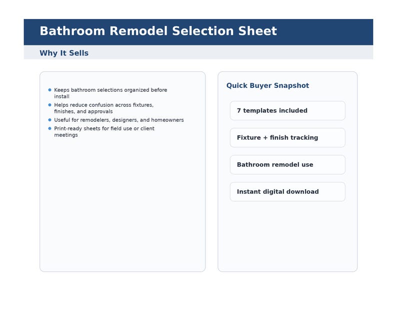 K&ouml;nnte beinhalten: Ein wei&szlig;es Dokument mit dem Titel "Bathroom Remodel Selection Sheet" mit blauem &Uuml;berschriftentext. Das Dokument enth&auml;lt Aufz&auml;hlungspunkte, die die Vorteile beschreiben, und einen "Quick Buyer Snapshot" mit Funktionen wie "7 Vorlagen enthalten" und "Sofortiger digitaler Download."