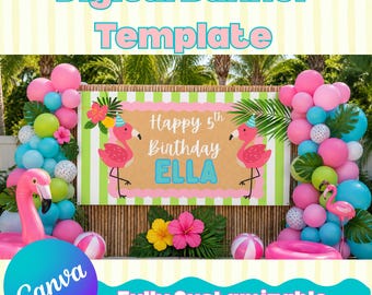 Editable Birthday Template | Flamingo Birthday Banner | Pool Party Theme