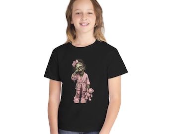 Kids Zombie Girl Teddy Halloween Horror Shirt | Garment-Dyed Cotton Tee