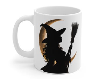 Witch Silhouette Crescent Moon Mug | Halloween Ceramic Coffee Cup