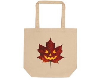 Jack-o'-Lantern Maple Leaf Tote Bag | Organic Cotton Autumn Halloween Bag