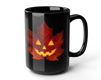 Jack-o'-Lantern Maple Leaf Mug | Black Ceramic Fall Halloween Drinkware