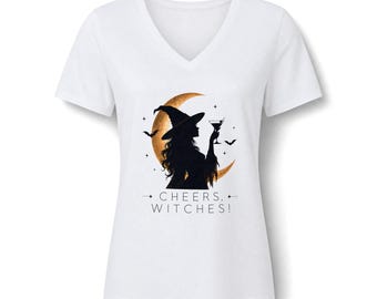 Witch Silhouette V-Neck Tee | Moon, Bats, Cocktail Graphic Shirt