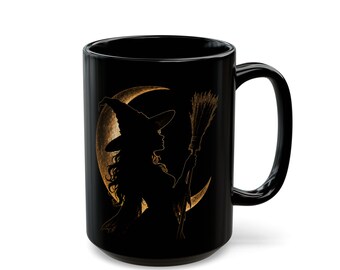 Golden Witch Silhouette Mug | Black Ceramic Coffee Cup, Moon Detail