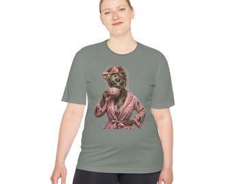 Zombie Woman Pink Robe Tea Time T-Shirt | Retro Horror Halloween Graphic Tee
