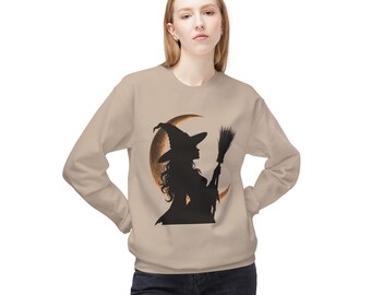 Witch Silhouette Crewneck Sweatshirt | Witch Moon and Broom Halloween / Witch Halloween Pullover / Beautiful Witch with Broom Sweater