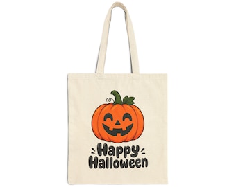 Jack-o'-Lantern Pumpkin Happy Halloween Tote Bag | Canvas Halloween Pumpkin Tote / Trick or Treat Reusable Bag