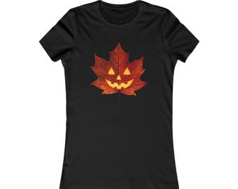 Fall Leaf Halloween Tee | Pumpkin Face Maple Leaf Design (Slim Fit)