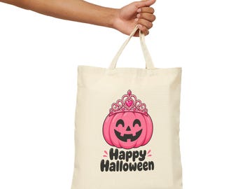 Pink Jack-o'-Lantern Pumpkin Happy Halloween Tote Bag | Canvas Halloween Pink Pumpkin Tote / Trick or Treat Pink Reusable Bag