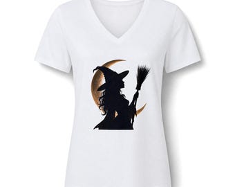 Womens Witch Silhouette V-Neck Tee | Moon, Broomstick Halloween Shirt