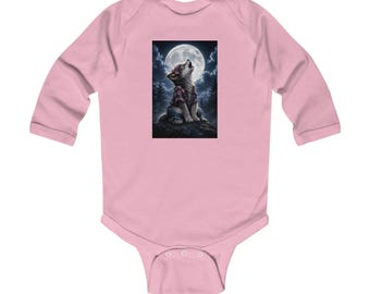 Baby Girl Wolf Moon Long Sleeve Bodysuit | Woodland Folklore Night Sky Graphic