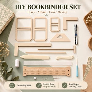 May include: A DIY bookbinder set featuring wooden templates, a bone folder, a metal ruler, a punching guide, a needle, and white thread. The text reads DIY BOOKBINDER SET, Diary, Album, Cover Making, Positioning Ruler, Straight Ruler, Origami Knife, and Punching & Stitching Guide.