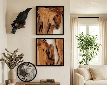 2 esculturas rústicas de cedro para pared, decoración de pared con borde natural.