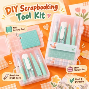 May include: A DIY Scrapbooking Tool Kit featuring two clear plastic storage boxes containing mint green precision craft tools, including a utility knife, a scoring tool, and a mini cutting pad with a grid pattern. The set includes fox-themed stickers.