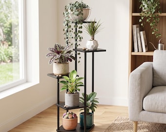 Soporte alto de metal y madera para plantas, estante de exhibición para interiores