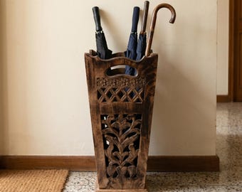 Soporte para paraguas de madera tallada, soporte para bastón con diseño de celosía tradicional.