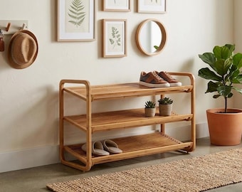 Sustainable Bamboo Shoe Rack: 3-Tier Entryway Organizer, Slatted Shelves, Modern Design