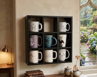 Estante expositor de madera vintage para tazas de café con 9 compartimentos