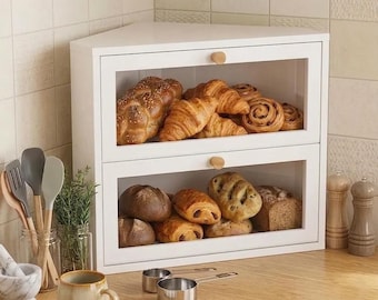 Panera esquinera grande de bambú de doble capa para encimera de cocina.