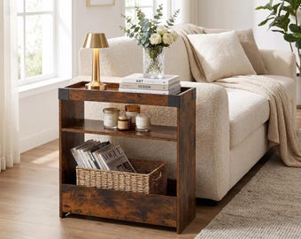 Mesa consola rústica de madera con 3 estantes para dormitorio.