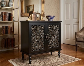Vintage Carved Wood Accent Cabinet with 2 Doors