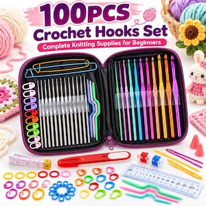 May include: A 100-piece crochet hook set in a zippered black case. Includes silver and colorful aluminum hooks, stitch markers, a measuring tape, a row counter, a ruler, and needles. Text reads 100PCS Crochet Hooks Set.