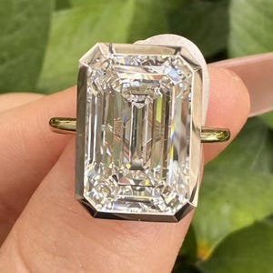 5CT Step Cut Lab Diamond Alternative Engagement Solitaire, Bezel Set Wedding Jewelry for Her, 14K Gold Elongated Radiant Anniversary Gift