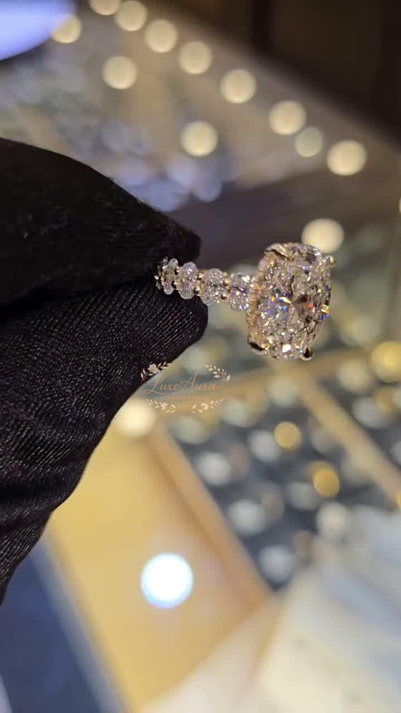 3CT Oval Moissanite Engagement Jewelry, 14K Gold Hidden Halo Bridal Set ...