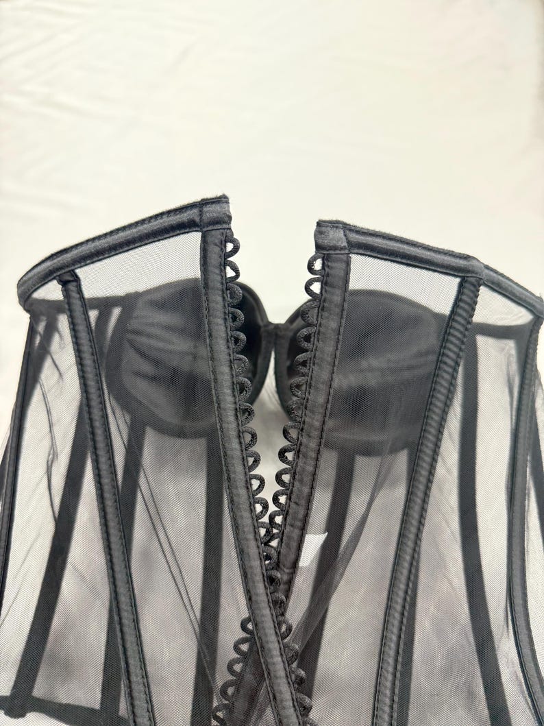 May include: Black corset with a sheer mesh overlay. The corset features a structured design with vertical boning and a decorative trim along the edges. The cups are made of a solid black material.