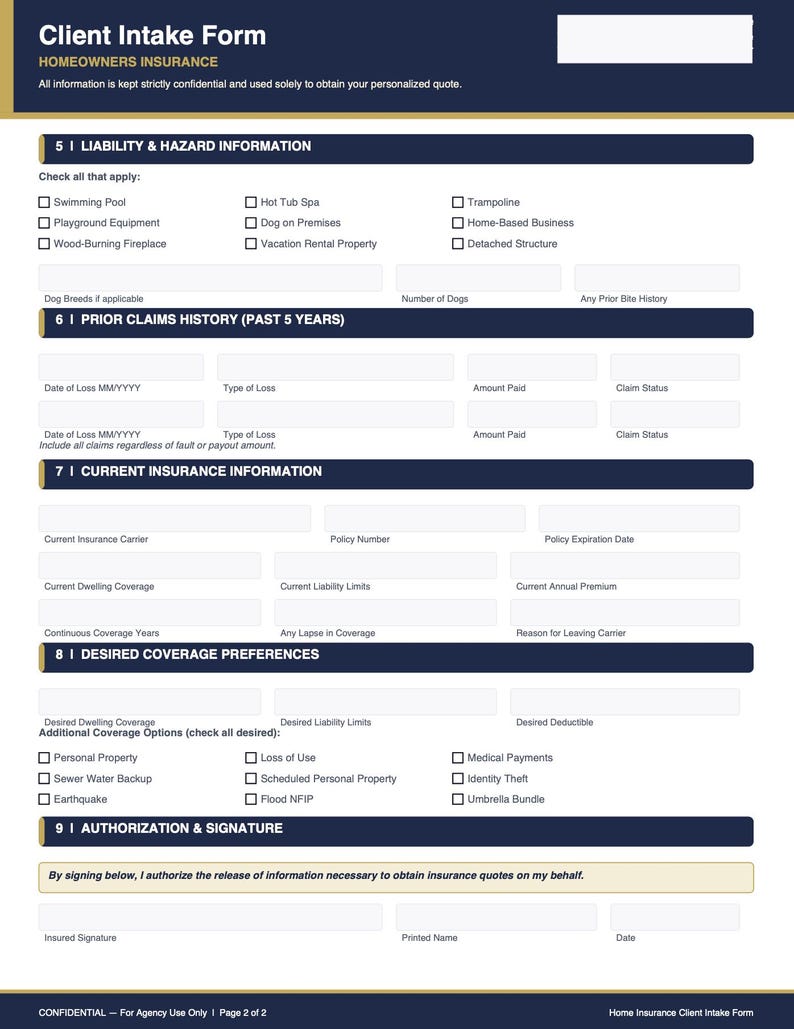 Insurance Claim Intake Form Homeowners Insurance Client Intake Form | Fillable PDF Agent Template ...