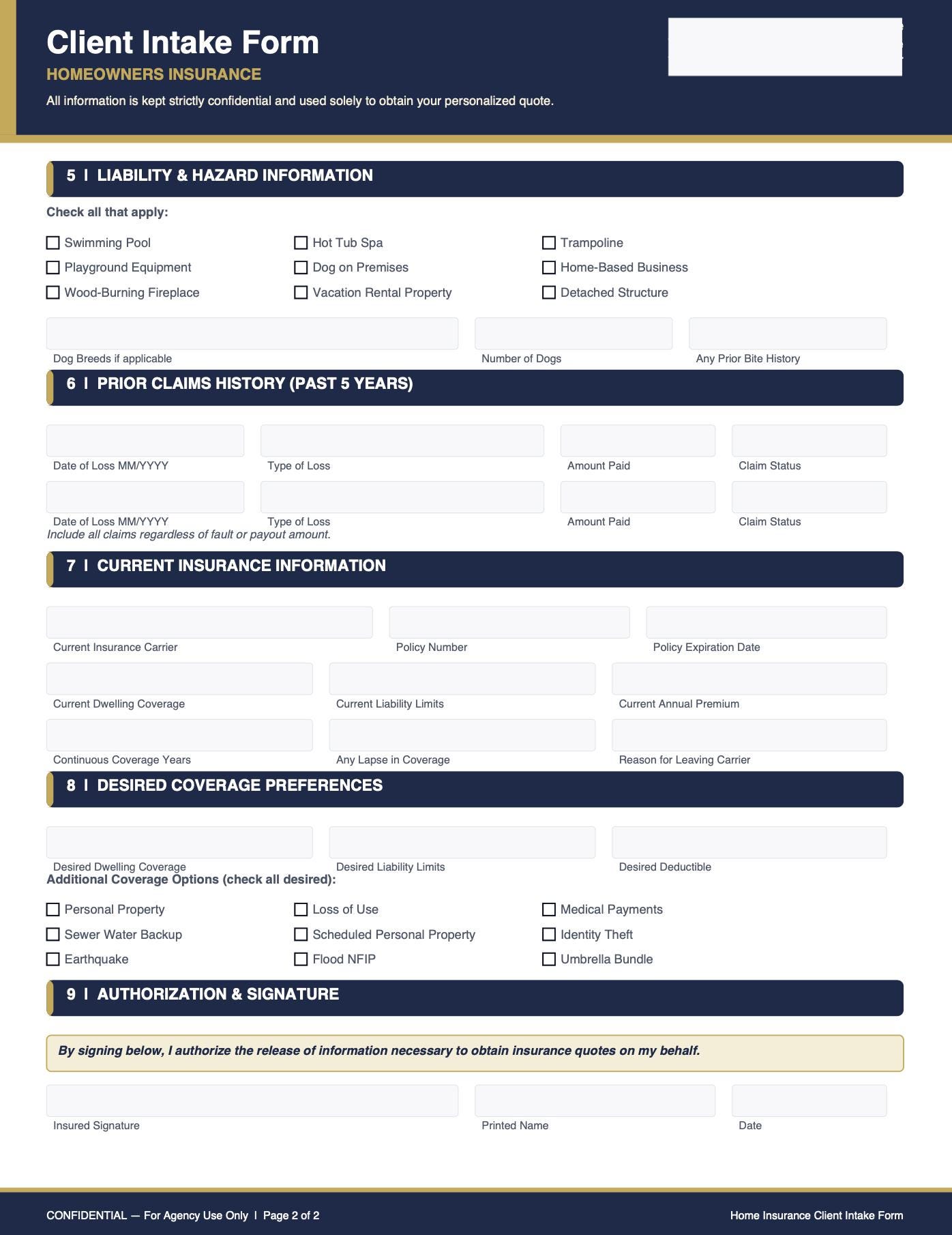 Homeowners Insurance Client Intake Form | Fillable PDF Agent Template ...