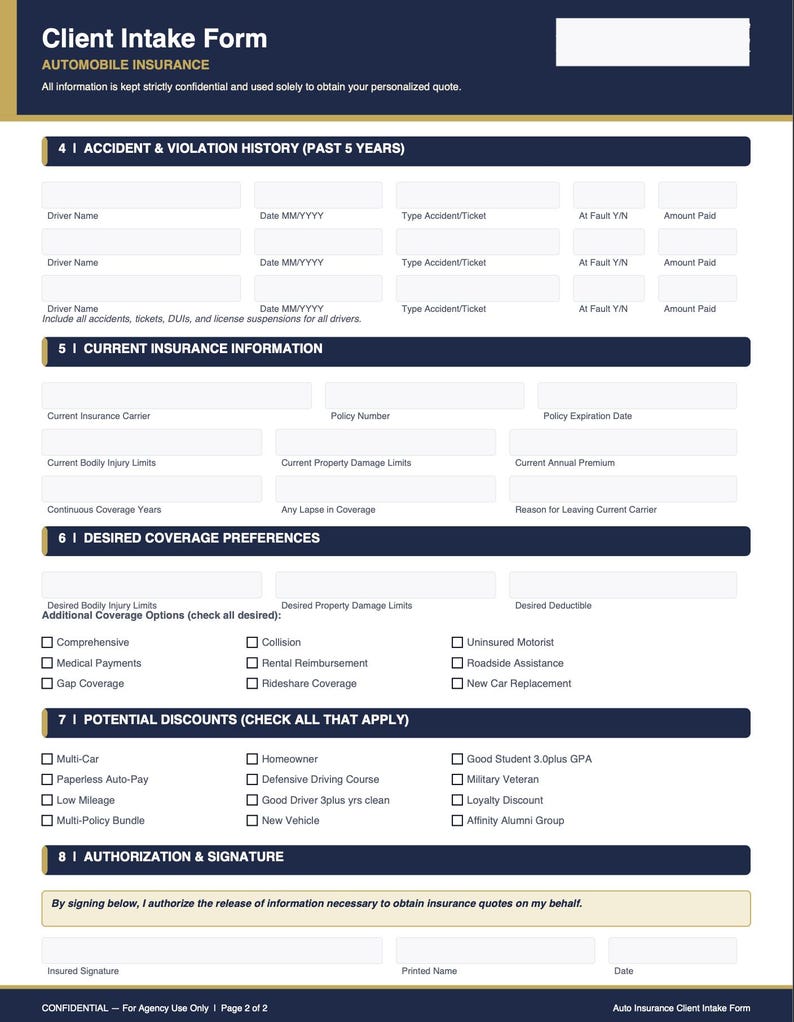 Auto Insurance Client Intake Form | Fillable PDF Agent Template - Etsy
