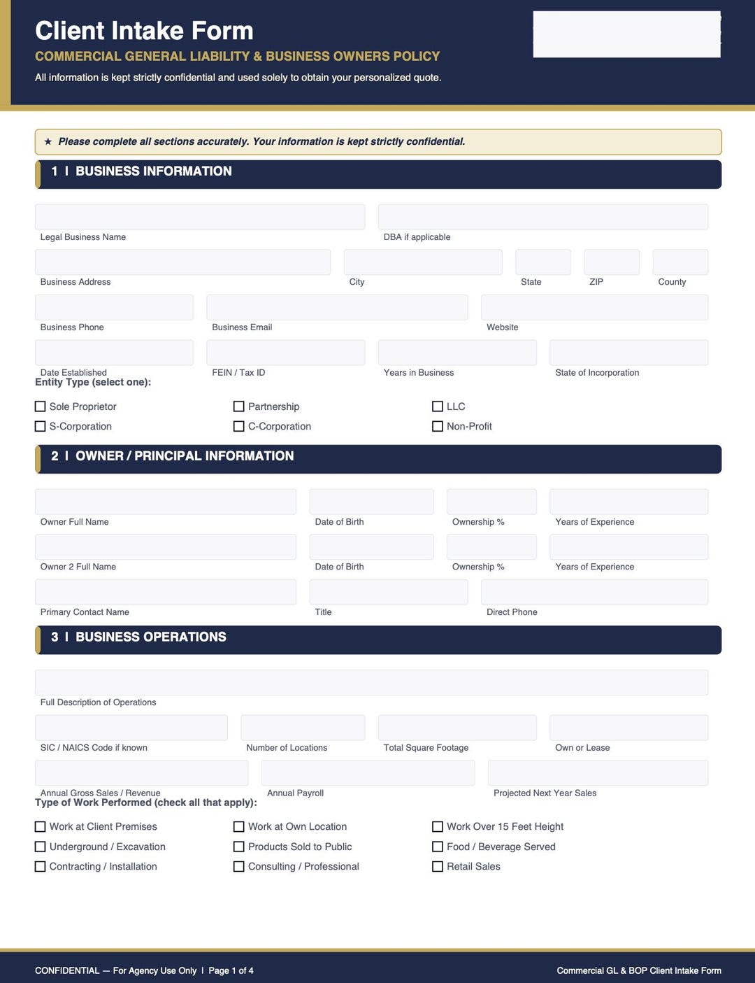 Insurance Claim Intake Form Commercial Insurance Client Intake Form | General Liability, BOP ...