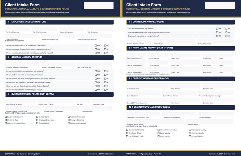 Insurance Claim Intake Form Commercial Insurance Client Intake Form | General Liability, BOP ...