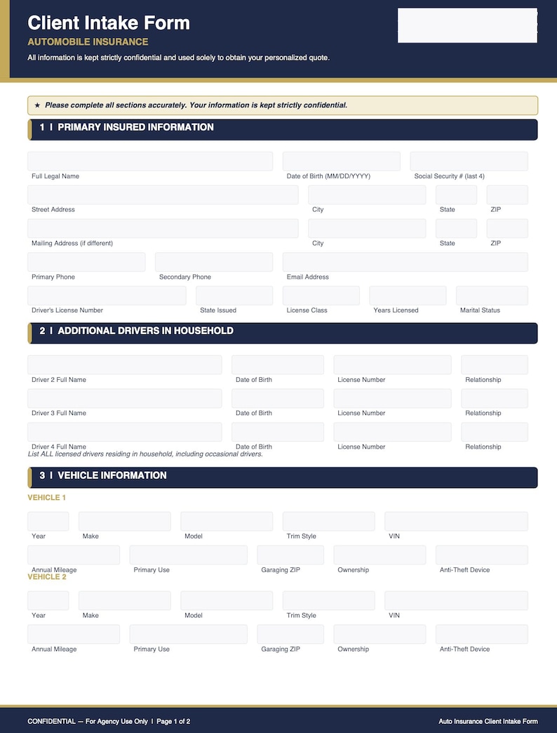 Insurance Client Intake Forms Bundle | Auto, Home, Umbrella (fillable ...
