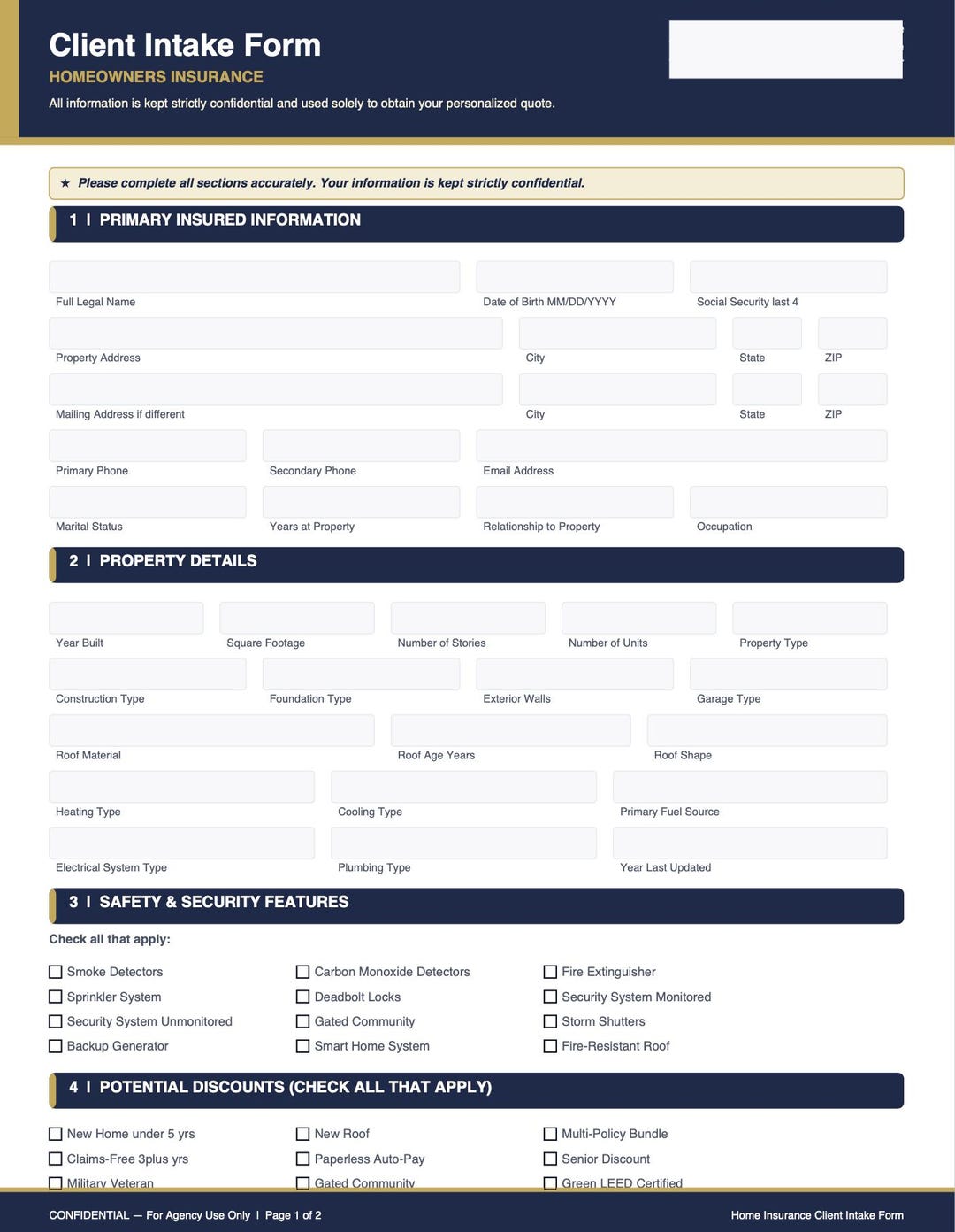 Homeowners Insurance Client Intake Form | Fillable PDF Agent Template ...