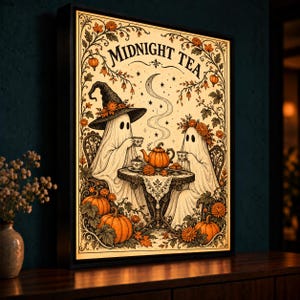 Puede incluir: Una impresión de arte mural rectangular enmarcada titulada Midnight Tea, que muestra a dos fantasmas con sombrero de bruja y corona de flores sentados a una mesa con una tetera de calabaza, tazas y calabazas, rodeados de hojas y flores otoñales.