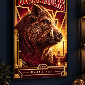May include: A rectangular wall poster featuring a large brown wild boar in profile. The text WASHINGTON COMMANDERS appears at the top, and RAISE HAIL is at the bottom. The background shows a sunset silhouette of the U.S. Capitol and Washington Monument.
